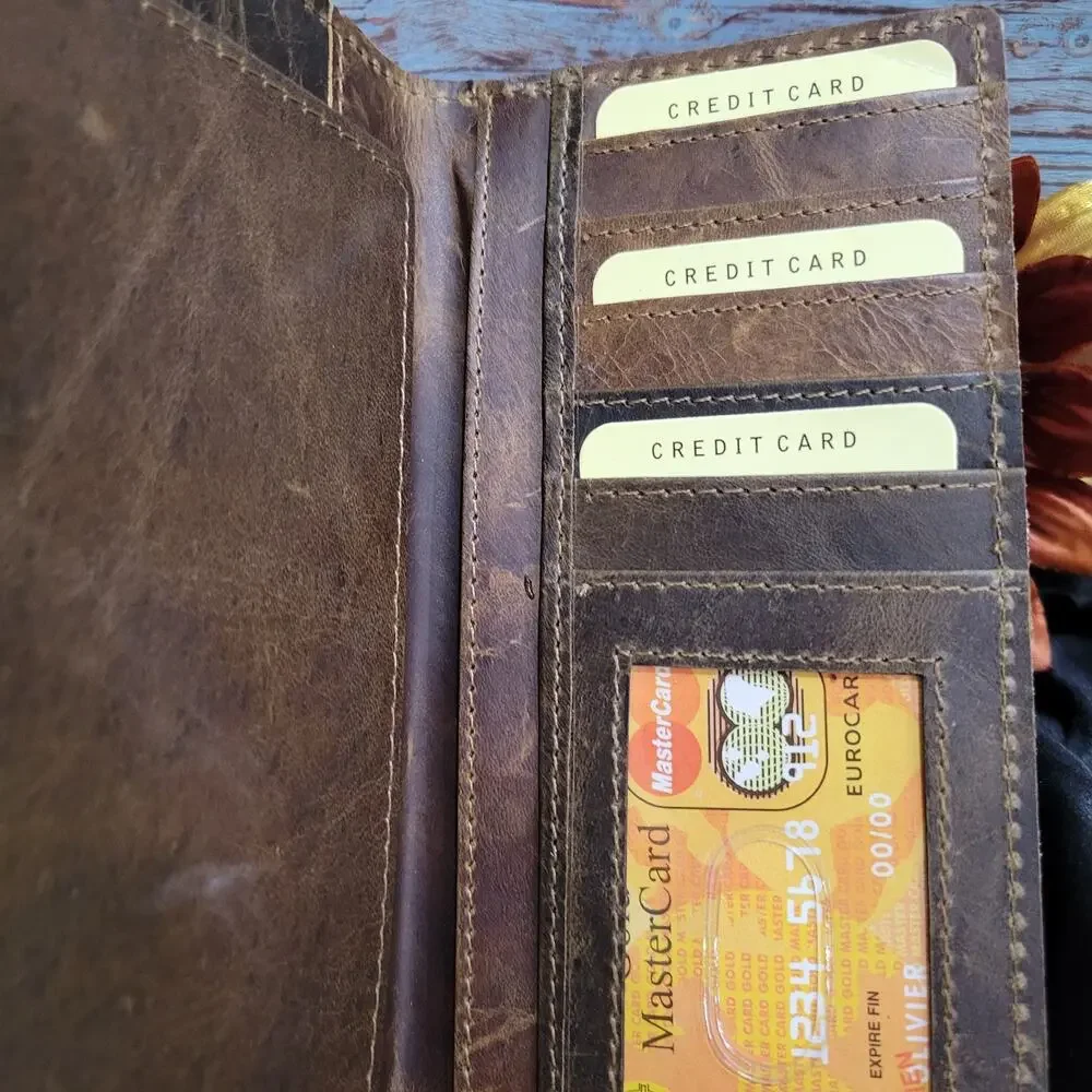 Horse Concho Mens Wallet Cowhide Long Bifold, Genuine Leather Wild Cat Print